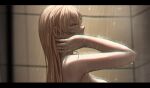  1girl blonde_hair breasts closed_eyes commentary_request girls&#039;_frontline hand_on_own_neck highres indoors large_breasts long_hair ots-14_(girls&#039;_frontline) selcky shower_(place) showering solo standing tile_wall tiles wet 
