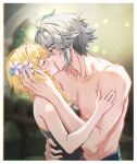  1boy 1girl absurdres ahoge alhaitham_(genshin_impact) blonde_hair closed_mouth collarbone couple english_commentary flower genshin_impact grey_hair hair_flower hair_ornament hand_on_another&#039;s_back hand_on_another&#039;s_face hand_on_another&#039;s_shoulder hetero highres hug kiss lumine_(genshin_impact) multicolored_hair senasolumi short_hair short_hair_with_long_locks streaked_hair upper_body white_flower 