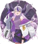  1girl absurdres ahoge alternate_costume bangs blush braid demon_girl demon_horns evening_rabbit fangs grey_hair hair_between_eyes highres hololive horns jacket la+_darknesss long_hair long_sleeves looking_at_viewer multicolored_hair o-ring off_shoulder one_eye_closed open_mouth purple_hair purple_nails sidelocks skin_fangs sleeveless smile solo streaked_hair striped_horns transparent_background v v_over_eye virtual_youtuber white_jacket yellow_eyes 