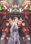  1boy assault_visor brown_hair darilbalde dyed_bangs guel_jeturk gundam gundam_suisei_no_majo headwear_removed helmet helmet_removed horns looking_at_viewer male_focus mecha mobile_suit mole mole_under_eye pink_hair robot science_fiction shield short_hair single_horn solo space_helmet spacesuit totthii0081 