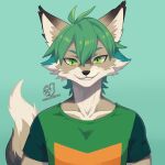  absurd_res anthro canid canine canis chill clothing green_eyes green_hair hair half_body happy hi_res male mammal olivialovesfur relaxing shirt smile solo t-shirt tail topwear wolf 