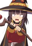  1girl black_choker black_gloves black_hair black_headwear blunt_bangs choker commentary dress fingerless_gloves gloves hands_up hat holding holding_staff kono_subarashii_sekai_ni_shukufuku_wo! long_sleeves looking_at_viewer megumin open_mouth rectangular_mouth red_dress red_eyes short_hair_with_long_locks simple_background solo staff straight-on surprised trembling umarutsufuri upper_body white_background wide-eyed witch_hat 