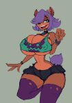  anthro bandicoot big_breasts bottomwear bracelet breasts brown_body clothing collar ear_piercing eyebrow_through_hair eyebrows female green_eyes hair hi_res imric1251 jewelry mammal marsupial one_eye_obstructed piercing purple_eyes shirt shorts simple_background solo topwear translucent translucent_hair 