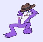  anthro blue_eyes clothing cowboy_hat dipodid erection fang_the_sniper feet fours_(artist) fur hands_behind_head hat hat_only headgear headgear_only headwear headwear_only hi_res jerboa looking_at_viewer lying male mammal mostly_nude on_back purple_body purple_fur rodent sega solo sonic_the_hedgehog_(series) 