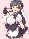  1girl ;p agano_(kancolle) animal_ears apron artist_logo black_hair black_hairband blue_eyes blush breasts center_frills cosplay covered_nipples cowboy_shot cross_tie dated droopy_ears fake_animal_ears fleur_de_lapin_uniform floppy_ears frilled_apron frilled_cuffs frilled_hairband frilled_shirt frills gradient_background hairband kanon_(kurogane_knights) kantai_collection kirima_syaro kirima_syaro_(cosplay) large_breasts lolita_hairband long_hair looking_at_viewer one-hour_drawing_challenge one_eye_closed pink_background puffy_short_sleeves puffy_sleeves rabbit_ears shirt short_sleeves smile solo tongue tongue_out underbust waist_apron waitress white_apron white_shirt wrist_cuffs 