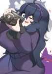  ! 1girl @_@ ahoge alternate_breast_size black_hair blush breasts camera commentary dress gengar ghost hair_between_eyes hairband hex_maniac_(pokemon) highres holding holding_camera huge_breasts john_(a2556349) long_hair messy_hair one_eye_closed open_mouth pokemon pokemon_(creature) pokemon_(game) pokemon_xy purple_eyes purple_hair purple_hairband simple_background smile 