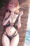  ass_visible_through_thighs bikini blonde_hair breasts brown_eyes commentary_request cowboy_shot finger_to_mouth folded_ponytail highres kinom_(sculpturesky) large_breasts long_hair mature_female multi-strapped_bikini navel swimsuit thigh_gap yahari_ore_no_seishun_lovecome_wa_machigatteiru. yuigahama_yui&#039;s_mother 