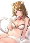  1girl absurdres animal_ears animal_hands b1ack_illust blush bra breasts brown_hair cat_ears cat_tail cleavage feet_out_of_frame gloves highres idolmaster idolmaster_million_live! large_breasts long_hair looking_at_viewer miyao_miya navel panties paw_gloves smile solo tail underwear underwear_only very_long_hair white_bra white_panties 