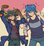  2boys :o absurdres arms_up belt black_hair black_shirt blue_eyes blue_hair blue_jacket blue_pants blue_shirt blush brown_gloves bruno_(yu-gi-oh!) ceiling closed_eyes commentary_request denim elbow_gloves elbow_pads facial_mark facial_tattoo fudou_yuusei furrowed_brow gloves hands_up head_bump high_collar highres jacket jeans leather_belt male_focus marking_on_cheek multicolored_hair multiple_boys open_clothes open_jacket open_mouth padded_jacket pain pants shirt short_hair shoulder_pads simple_background sleeves_rolled_up spiked_hair standing streaked_hair sweatdrop t-shirt tattoo v-neck white_jacket youko-shima yu-gi-oh! yu-gi-oh!_5d&#039;s 