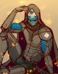  2020 abs absurd_res android belt blue_eyes bulge bungie cayde-6 clothing destiny_(video_game) exo grey_body hi_res hood humanoid looking_at_viewer machine male not_furry pockyrumz robot robot_humanoid sitting solo spades_(suit) suit_symbol underwear 