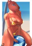  2023 5_fingers absurd_res anawat anthro areola ball beach beach_ball big_areola big_breasts breasts brown_areola capybara caviid curvy_figure digital_media_(artwork) ear_piercing eyebrows eyelashes female fingers genitals golden_bikini half-closed_eyes hi_res inflatable mammal narrowed_eyes outside piercing rodent seaside sitting solo tattoo thick_thighs voluptuous water 