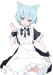  1girl animal_ears blue_eyes blue_hair blush bright_pupils cat_ears cat_girl commentary_request copyright_request garter_straps ixy looking_at_viewer maid short_hair short_sleeves simple_background solo thighhighs white_background white_pupils white_thighhighs 