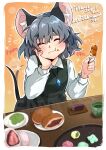  1girl animal_ears border commission dango eating english_text food food_request green_jacket grey_hair highres jacket mouse_ears mouse_girl nazrin sample_watermark shirt short_hair skeb_commission smile solo sound_effects take_no_ko_(4919400) touhou wagashi white_border white_shirt 