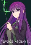 1girl :o alternate_costume bright_pupils collared_shirt commentary_request eyelashes fern_(sousou_no_frieren) green_background green_necktie green_sweater harry_potter_(series) highres holding holding_wand hood hood_down hooded_robe long_hair long_sleeves necktie parted_lips purple_eyes purple_hair robe shirt sidelocks slytherin solo some1else45 sousou_no_frieren sparkle sweater upper_body wand white_shirt wizarding_world 