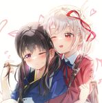  2girls arm_grab backlighting backpack bag black_hair blonde_hair blue_kimono blue_ribbon blush bob_cut cellphone chromatic_aberration closed_mouth collared_shirt commentary dress dress_shirt english_commentary hair_ribbon hair_twirling heart highres hug hug_from_behind hzs_yumu inoue_takina japanese_clothes kimono light_particles long_hair long_sleeves looking_at_viewer lycoris_recoil lycoris_uniform multiple_girls neck_ribbon nishikigi_chisato one_eye_closed one_side_up open_mouth phone purple_eyes red_dress red_eyes red_ribbon ribbon shirt short_hair sidelocks simple_background smartphone upper_body white_background white_shirt yuri 