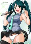  1girl absurdres black_skirt black_thighhighs breasts cosplay dated green_eyes green_hair green_necktie grey_shirt hair_ribbon hatsune_miku hatsune_miku_(cosplay) highres isuzu_(kancolle) kamiya_tadato kantai_collection large_breasts long_hair look-alike microphone necktie one-hour_drawing_challenge open_mouth panties pantyshot ponytail ribbon shirt skirt sleeveless sleeveless_shirt smile solo standing thighhighs twitter_username underwear vocaloid white_panties white_ribbon 