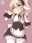  1girl :d alternate_costume animal_ears apron artist_logo black_hairband blonde_hair blush brown_background center_frills fake_animal_ears fleur_de_lapin_uniform floppy_ears frilled_apron frilled_cuffs frilled_hairband frilled_shirt frills grecale_(kancolle) green_eyes hairband kanon_(kurogane_knights) kantai_collection lolita_hairband long_hair one-hour_drawing_challenge panties ponytail puffy_short_sleeves puffy_sleeves rabbit_ears sexually_suggestive shirt short_sleeves smile solo thighhighs underbust underwear waist_apron waitress white_apron white_panties white_thighhighs wrist_cuffs 