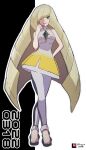  1girl black_background blonde_hair diamond_(shape) dress full_body hair_over_one_eye hand_on_own_hip highres long_hair looking_at_viewer lusamine_(pokemon) pokemon pokemon_(game) pokemon_sm sleeveless sleeveless_dress smile solo toe_cleavage two-tone_background very_long_hair watermark white_background white_dress yadoki 