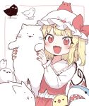  1girl animal bird black_bird blonde_hair bow cat chick commentary_request crow fangs final_fantasy final_fantasy_xiv flandre_scarlet great_serpent_of_ronka hat hat_bow highres holding holding_animal holding_cat kyoufuu_all_back_(vocaloid) looking_at_viewer mob_cap one_side_up oninamako red_bow red_eyes red_nails shark sharp_teeth short_hair slit_pupils teeth touhou white_background white_bird white_cat 