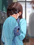  1girl blue_jacket blurry blurry_background blurry_foreground blush brown_eyes brown_hair classroom commentary_request crying depth_of_field funi_mu9 hair_behind_ear hair_between_eyes hair_ornament hairclip highres indoors jacket long_hair long_sleeves looking_at_viewer original solo_focus tears translation_request window 