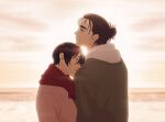  1boy 1girl backlighting black_hair brown_hair commentary_request eren_yeager green_jacket hair_bun hanpetos height_difference hetero jacket mikasa_ackerman ocean pink_jacket red_scarf scar scar_on_cheek scar_on_face scarf shingeki_no_kyojin short_hair single_hair_bun sky spanish_commentary sun 