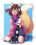  1girl :d animal_ear_fluff animal_ears black_gloves black_hair blue_archive commentary_request eyeshadow fingerless_gloves fishnet_thighhighs fishnets fox_ears fox_girl fox_hair_ornament fox_tail gloves hadanugi_dousa hair_between_eyes hair_ornament highres izuna_(blue_archive) japanese_clothes long_sleeves looking_at_viewer makeup medium_hair ninja one_side_up pleated_skirt pom_pom_(clothes) pom_pom_hair_ornament red_eyeshadow red_scarf scarf school_uniform seiza serafuku shirakawafel simple_background single_thighhigh sitting skirt sleeveless smile solo tail thighhighs yellow_eyes 