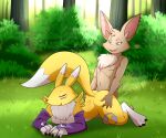  all_fours anthro bandai_namco bat black_claws canid canine claws digimon digimon_(species) doggystyle duo female forest forest_background fox fox_tail from_behind_position fur hi_res lonbluewolf looking_pleasured male male/female mammal nature nature_background plant renamon sex tail tan_body tan_fur tree turo_of_akesh wingless_bat yellow_body yellow_fur 