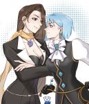  2girls absurdres ace_attorney ascot black_dress black_gloves black_vest blue_brooch blue_eyes blue_gemstone blue_hair bow bowtie breasts brooch brown_eyes brown_hair buttons cleavage closed_mouth crossed_arms daqingqingqingqingqing diamond_button dress earrings eye_contact franziska_von_karma gem gloves highres holding holding_whip jewelry juliet_sleeves lapel_pin lapels long_hair long_sleeves looking_at_another magatama magatama_necklace mia_fey mole mole_under_eye mole_under_mouth multiple_girls necklace pearl_earrings puffy_sleeves scarf short_hair smile turtleneck upper_body very_long_hair vest white_ascot white_bow white_bowtie yellow_scarf 