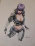  1girl belt breasts cleavage collar dillarddraws fingerless_gloves ghost_in_the_shell ghost_in_the_shell_stand_alone_complex gloves gun handgun highres holding holding_gun holding_weapon kusanagi_motoko navel signature solo thighs weapon white_background 