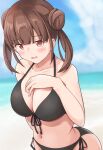  1girl bare_shoulders beach bikini black_bikini blue_sky blurry blurry_background blush breasts brown_hair cleavage cloud collarbone day dot_nose double_bun front-tie_bikini_top front-tie_top hair_bun hand_on_own_chest hand_up highres horizon idolmaster idolmaster_shiny_colors large_breasts long_hair looking_at_viewer navel ocean open_mouth outdoors red_eyes shy side-tie_bikini_bottom sky solo sonoda_chiyoko sumice swimsuit twintails upper_body 