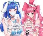  2girls animal_ears bad_id bad_twitter_id black_eyes blue_choker blue_hair blunt_bangs braid choker cinnamoroll commentary commentary_request dress drill_hair eyelashes fake_animal_ears hair_ribbon holding horns joman korean_commentary long_hair looking_at_viewer maid mask mouth_mask multiple_girls my_melody one_piece onegai_my_melody perona pink_choker pink_dress pink_eyes ribbon sanrio sidelocks simple_background twintails ulti_(one_piece) upper_body white_background 