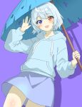  1girl :d absurdres adapted_costume blue_background blue_eyes blue_hair blue_hoodie blue_skirt blue_umbrella drawstring heterochromia highres holding holding_umbrella hood hoodie looking_at_viewer one-hour_drawing_challenge open_mouth red_eyes shirokumall short_hair simple_background skirt smile solo tatara_kogasa touhou umbrella 