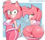  2023 accessory amy_rose anthro anus artist_name bedroom_eyes big_breasts big_butt black_nose bodily_fluids bottomwear bottomwear_down breasts butt clothed clothing delicioussoup dialogue english_text eulipotyphlan eyelashes female genitals green_eyes hair hair_accessory hairband half-closed_eyes hedgehog hi_res looking_at_viewer looking_back mammal narrowed_eyes pants pants_down partially_clothed pink_hair pussy seductive sega shirt short_hair side_boob smile solo sonic_the_hedgehog_(series) sweat text topwear 