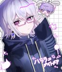  1other adjusting_eyewear ahoge character_name chibi chibi_inset closed_mouth commentary_request earrings glasses grey_hair hair_between_eyes halara_nightmare hand_up highres hood hood_down hooded_coat jewelry long_sleeves looking_at_viewer master_detective_archives:_rain_code open_mouth other_focus outline pink-framed_eyewear pink_eyes purple_eyes purple_hair semi-rimless_eyewear shirase_aron_(sisisiroo) short_hair smile sparkle speech_bubble translation_request white_background yuma_kokohead 