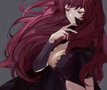  1girl bodysuit breasts cape cleavage cleavage_cutout closed_mouth clothing_cutout fire_emblem fire_emblem_engage grey_background high_collar highres illust_mi purple_bodysuit red_eyes red_hair simple_background solo upper_body wavy_hair yunaka_(fire_emblem) 