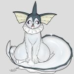  &lt;3 &lt;3_eyes absurd_res bodily_fluids cum cumporeon eeveelution english_text female feral generation_1_pokemon genital_fluids hi_res mammal nintendo open_mouth pokemon pokemon_(species) simple_background solo tail tcg_(artist) text vaporeon white_body 