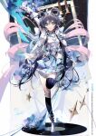  absurdres birthday black_hair bouquet chinese_hairpin flower gloves green_eyes highres jewelry looking_at_viewer low_twintails luo_tianyi microphone picture_frame ribbon rose skirt smile standing standing_on_one_leg taiz22 thighhighs twintails vocaloid 