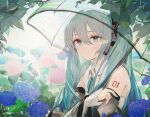  1girl absurdres bare_shoulders black_sleeves blue_eyes blue_flower blue_hair blue_nails blue_necktie blush branch closed_mouth collared_shirt commentary day detached_sleeves flower from_side hair_between_eyes hand_on_own_arm hatsune_miku hatsune_miku_(nt) headset highres holding holding_umbrella hydrangea long_hair long_sleeves looking_at_viewer mihoranran nail_polish nature necktie number_tattoo outdoors piapro pink_flower plant rain raised_eyebrows see-through see-through_sleeves shirt sidelocks smile solo tattoo transparent transparent_umbrella tree twintails umbrella upper_body very_long_hair vocaloid white_shirt 