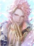 1boy akr_noze ancient_greek_clothes apollo_(shuumatsu_no_valkyrie) armored_gloves bishounen blowing_kiss blue_sky diamond_hair_ornament gloves greco-roman_clothes highres laurel_crown lips long_hair looking_at_viewer male_focus one_eye_closed shuumatsu_no_valkyrie sky smile smug sunlight upper_body yellow_eyes 