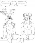  2023 5_fingers anthro antlers balls bernielover bernielover&#039;s_college_au bovid caprine casual_nudity deer dialogue duo english_text fingers fur genitals hi_res horn humanoid_genitalia humanoid_hands humanoid_penis male mammal monochrome nude penis pubes sauna sitting smile social_nudity speech_bubble spots spotted_body spotted_fur text towel towel_around_neck whitney_(bernielover) 