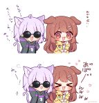  &gt;_&lt; 0725akaba 2girls :d @_@ absurdres adjusting_eyewear ahoge animal_ear_fluff animal_ears arm_up black_hoodie blush bone_hair_ornament brown_hair cartoon_bone cat_ears cat_girl cat_tail closed_eyes commentary_request cropped_torso dog_ears dog_girl dog_tail drawstring dress hair_ornament highres hololive hood hood_down hoodie inugami_korone jacket long_hair multiple_girls nekomata_okayu off_shoulder open_clothes open_jacket purple_hair red_eyes round_eyewear simple_background sleeveless sleeveless_dress smile sunglasses tail tail_wagging translation_request twitter_username upper_body v-shaped_eyebrows very_long_hair virtual_youtuber white_background white_dress xd yellow_jacket yuri 