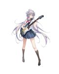  1girl black_footwear black_socks blue_sailor_collar blue_skirt closed_mouth electric_guitar floating_hair full_body green_eyes grey_hair guitar hair_between_eyes hair_ribbon hair_rings highres holding holding_instrument instrument legs_apart long_hair looking_at_viewer low_twintails luo_tianyi miniskirt music neckerchief playing_instrument pleated_skirt red_neckerchief red_ribbon ribbon sailor_collar school_uniform serafuku shirt_tucked_in short_sleeves skirt socks solo tachi-e twintails very_long_hair vocaloid vsinger white_background white_serafuku zoooyt 