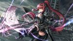  1girl alternate_costume black_footwear black_gloves black_hairband black_skirt black_thighhighs breasts cleavage commentary_request fate/grand_order fate_(series) gae_bolg_(fate) gloves hair_ornament hairband large_breasts long_hair looking_at_viewer parted_lips ponytail purple_eyes purple_hair scathach_(fate) sidelocks silence_girl skirt smile solo thighhighs 