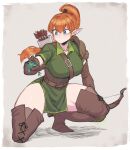  1girl armor belt belt_buckle blue_eyes boots bow_(weapon) breasts brown_belt brown_footwear brown_gloves buckle chest_belt closed_mouth collarbone collared_shirt commentary corset elbow_gloves elf full_body gloves green_shirt grey_background hair_between_eyes high_ponytail holding holding_bow_(weapon) holding_leaf holding_weapon large_breasts leaf long_hair looking_to_the_side orange_hair original pointy_ears ponytail quiver shadow shirt shoulder_armor signature solo spacezin squatting thick_thighs thigh_boots thighs weapon 