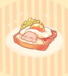  alternate_size bacon blush blush_stickers bread bread_slice closed_eyes closed_mouth commentary_request egg_(food) food fried_egg fried_egg_on_toast harukui kirby kirby_(series) lettuce lying no_humans on_stomach simple_background sleeping solo sparkle star_(symbol) striped striped_background yellow_background 