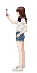  1girl blue_shorts breasts brown_eyes brown_hair cellphone denim denim_shorts from_side full_body hand_up holding holding_phone long_hair mattaku_mousuke original phone profile shirt shoes short_shorts short_sleeves shorts simple_background small_breasts solo standing twitter_username watermark white_background white_footwear white_shirt 