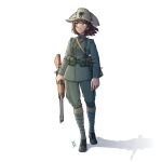 1girl absurdres ammunition_pouch ankle_wrap bayonet belt bicorne bolt_action boots brown_hair full_body gun hat highres holding holding_gun holding_weapon italian_army jacket leg_wrap long_sleeves looking_to_the_side medium_hair military military_uniform original ostwindprojekt pants pouch puttee rifle shadow simple_background soldier solo standing star_(symbol) strap uniform weapon white_background world_war_i yellow_eyes 