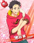  1boy animal_on_shoulder bandaged_arm bandages bandaid bandaid_on_arm bandaid_on_face bandaid_on_forehead bandaid_on_hand black_hair card_(medium) character_name fingernails hood hoodie idolmaster idolmaster_side-m kimura_ryu male_focus official_art open_mouth paw_print pink_background solo teeth upper_teeth_only 
