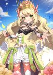  1girl :d absurdres bare_shoulders blonde_hair blue_sky celine_(fire_emblem) cloud commentary_request cowboy_shot crown day dress fire_emblem fire_emblem_engage green_eyes hako_momiji highres long_hair looking_at_viewer open_mouth outdoors petticoat pink_ribbon ribbon sky smile solo standing very_long_hair wrist_ribbon yellow_dress 