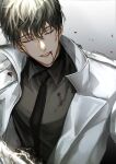  1boy black_hair black_shirt blood blood_from_mouth closed_eyes coat collared_coat collared_shirt dante_(_dannnte_) gradient_background highres light_smile long_sleeves male_focus omniscient_reader&#039;s_viewpoint shirt solo teeth twitter_username upper_body white_coat 